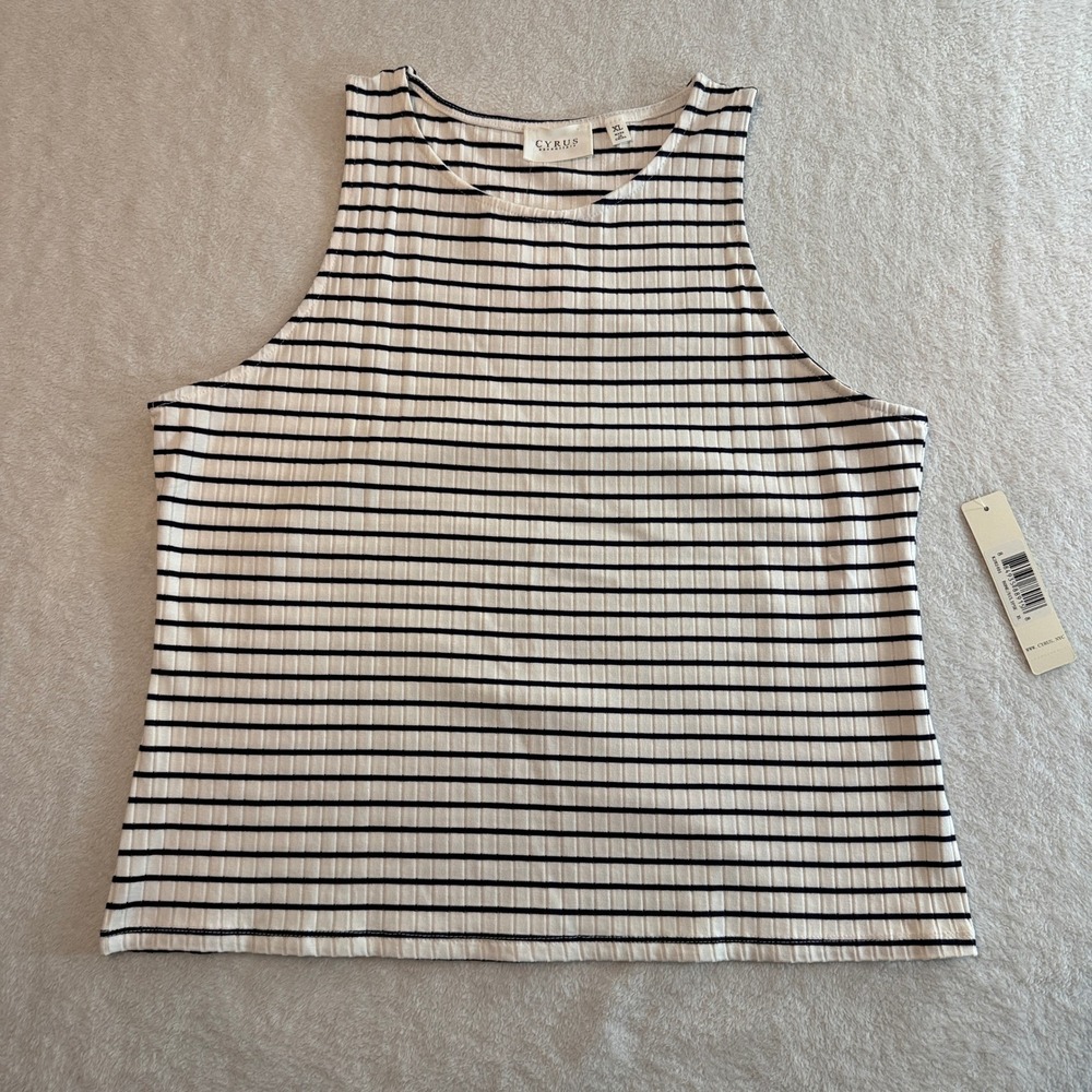 Cyrus Essentials Striped Ribbed High Neck Tank Top Bone Eclipse Navy XL K282401